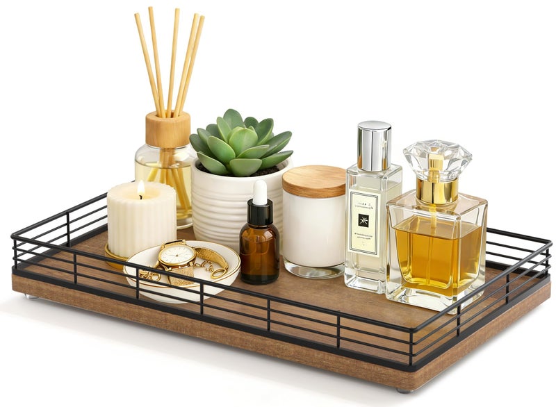 Focusonit Large Bathroom Vanity Tray – 13" x 8" Oak Decorative Wooden Tray for Bathroom Countertop & Vanity Organizer, Rectangular Wood Tray for Perfume, Skincare, Storage, Vanity Dresser Counter Decor, Gold - Image 1