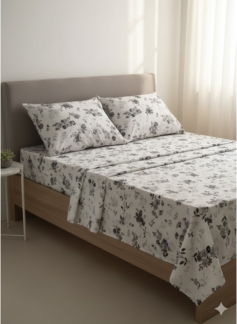 Yarlin-Bed Set (Flat Bedsheet for 200 cm beds and 2 Small Pillowcases (Gray Flora) Design