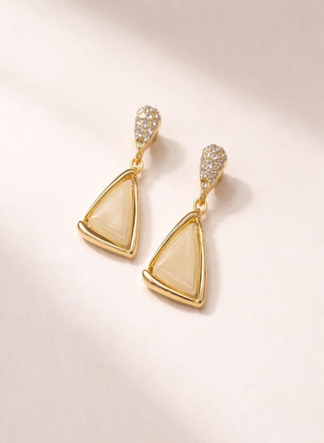 Anuva Geometric Triangle Drop Earrings for Women and Girls | Gold Tone Cream Stone Dangle Earrings | Elegant Lightweight Fashion Jewelry - Image 2