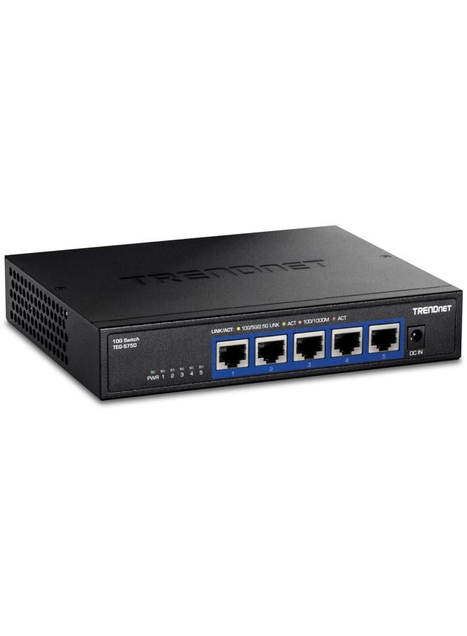 Trendnet 5-Port 10G Switch, 5 x 10G RJ-45 Ports, 100Gbps Switching Capacity, Supports 2.5G and 5G-Base-T Connections, Lifetime Protection, Black, TEG-S750 - Image 1