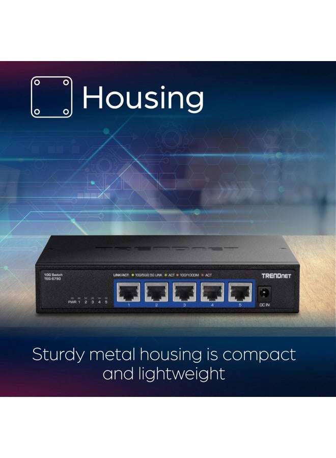 Trendnet 5-Port 10G Switch, 5 x 10G RJ-45 Ports, 100Gbps Switching Capacity, Supports 2.5G and 5G-Base-T Connections, Lifetime Protection, Black, TEG-S750 - Image 3