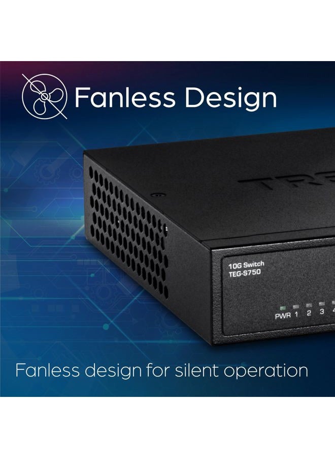 Trendnet 5-Port 10G Switch, 5 x 10G RJ-45 Ports, 100Gbps Switching Capacity, Supports 2.5G and 5G-Base-T Connections, Lifetime Protection, Black, TEG-S750 - Image 2