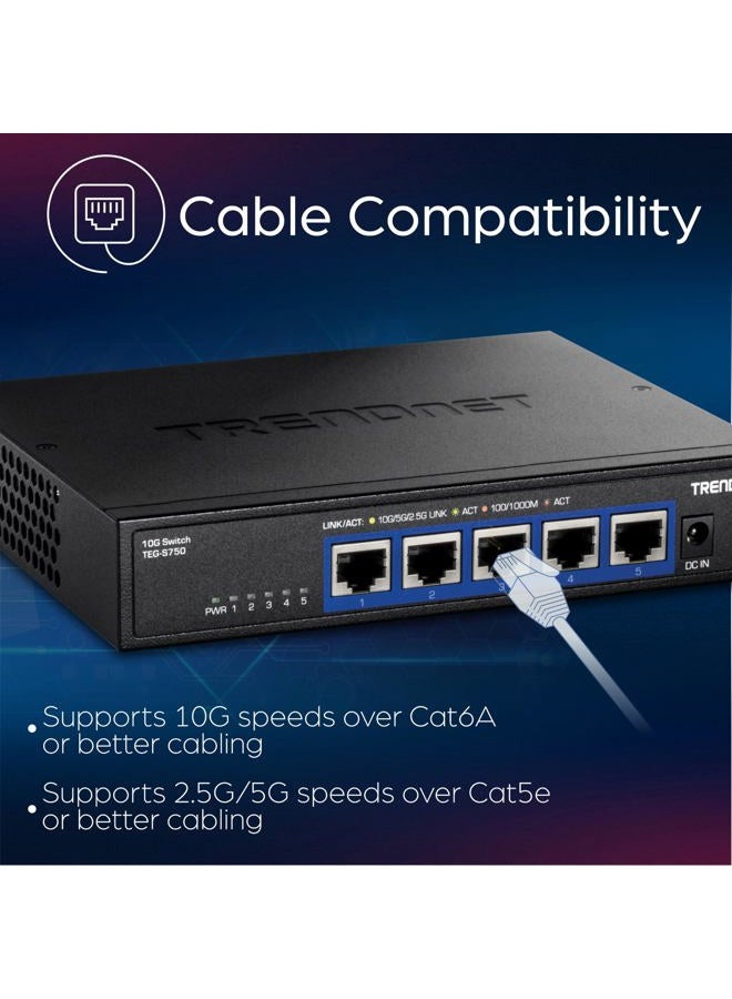 Trendnet 5-Port 10G Switch, 5 x 10G RJ-45 Ports, 100Gbps Switching Capacity, Supports 2.5G and 5G-Base-T Connections, Lifetime Protection, Black, TEG-S750 - Image 5