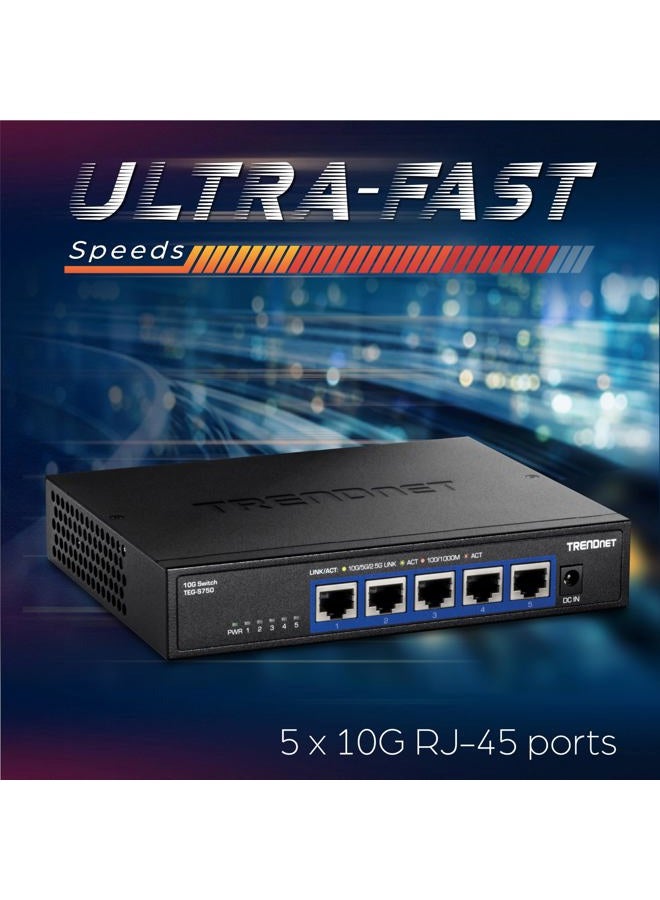 Trendnet 5-Port 10G Switch, 5 x 10G RJ-45 Ports, 100Gbps Switching Capacity, Supports 2.5G and 5G-Base-T Connections, Lifetime Protection, Black, TEG-S750 - Image 4