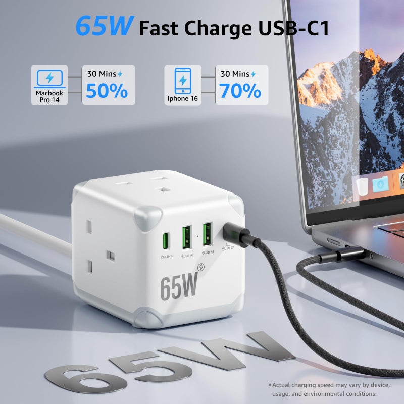 VoltFlow Cube Extension Lead with USB C PD65W Fast Charging, 3 Way Multi Plug Extension Socket with 2 USB-A & 2 USB-C Ports, UK Power Strip with Switch, 13A Fused Plug, 1.5M Extension Cable for Home Office - Image 2