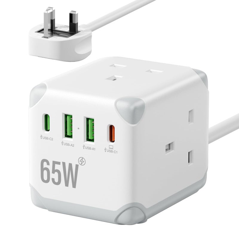 VoltFlow Cube Extension Lead with USB C PD65W Fast Charging, 3 Way Multi Plug Extension Socket with 2 USB-A & 2 USB-C Ports, UK Power Strip with Switch, 13A Fused Plug, 1.5M Extension Cable for Home Office - Image 1
