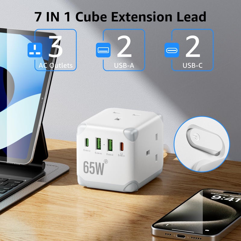 VoltFlow Cube Extension Lead with USB C PD65W Fast Charging, 3 Way Multi Plug Extension Socket with 2 USB-A & 2 USB-C Ports, UK Power Strip with Switch, 13A Fused Plug, 1.5M Extension Cable for Home Office - Image 3