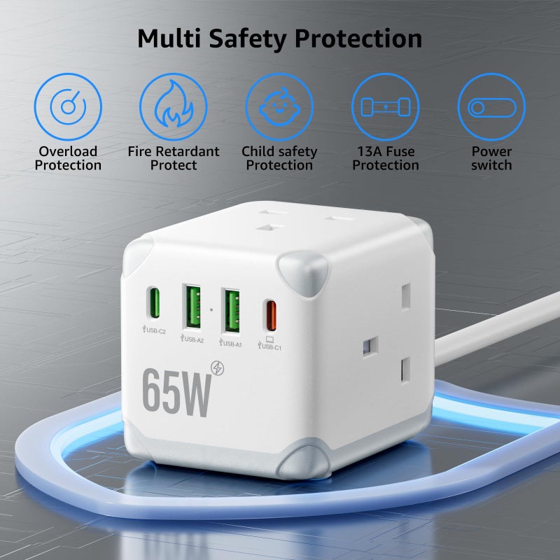 VoltFlow Cube Extension Lead with USB C PD65W Fast Charging, 3 Way Multi Plug Extension Socket with 2 USB-A & 2 USB-C Ports, UK Power Strip with Switch, 13A Fused Plug, 1.5M Extension Cable for Home Office - Image 5