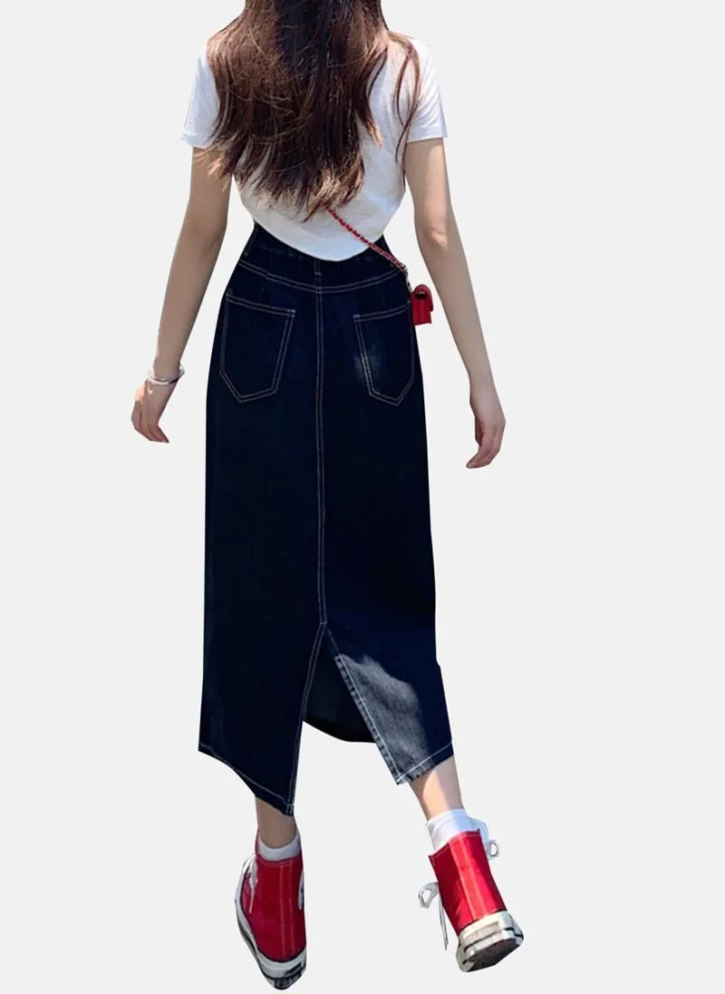 YUNIQEE Blue Solid Denim Midi Skirt