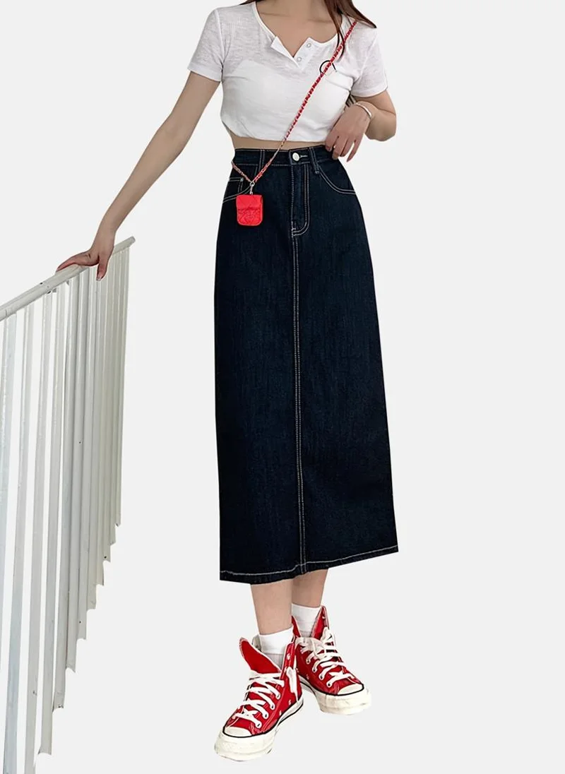 YUNIQEE Blue Solid Denim Midi Skirt