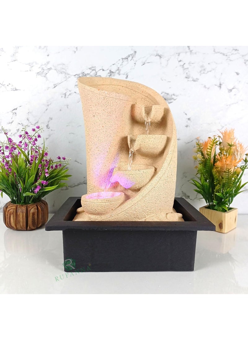 RUPANNA RUPANNA 3 Step Curve Table Top Water Fountain with LED RGB Light for Home DecorIndoorOfficeGiftHouse Warming GiftMarriage Gift Biege Stone  - Image 1