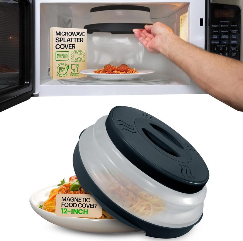 HOVER COVER Magnetic Microwave Splatter Cover with High Power, Strongest Magnetic Grip, Collapsible 12-Inch BPA-Free Food Lid, Vented Plate Guard, Dishwasher Safe, Space-Saving Storage - Black - Image 1
