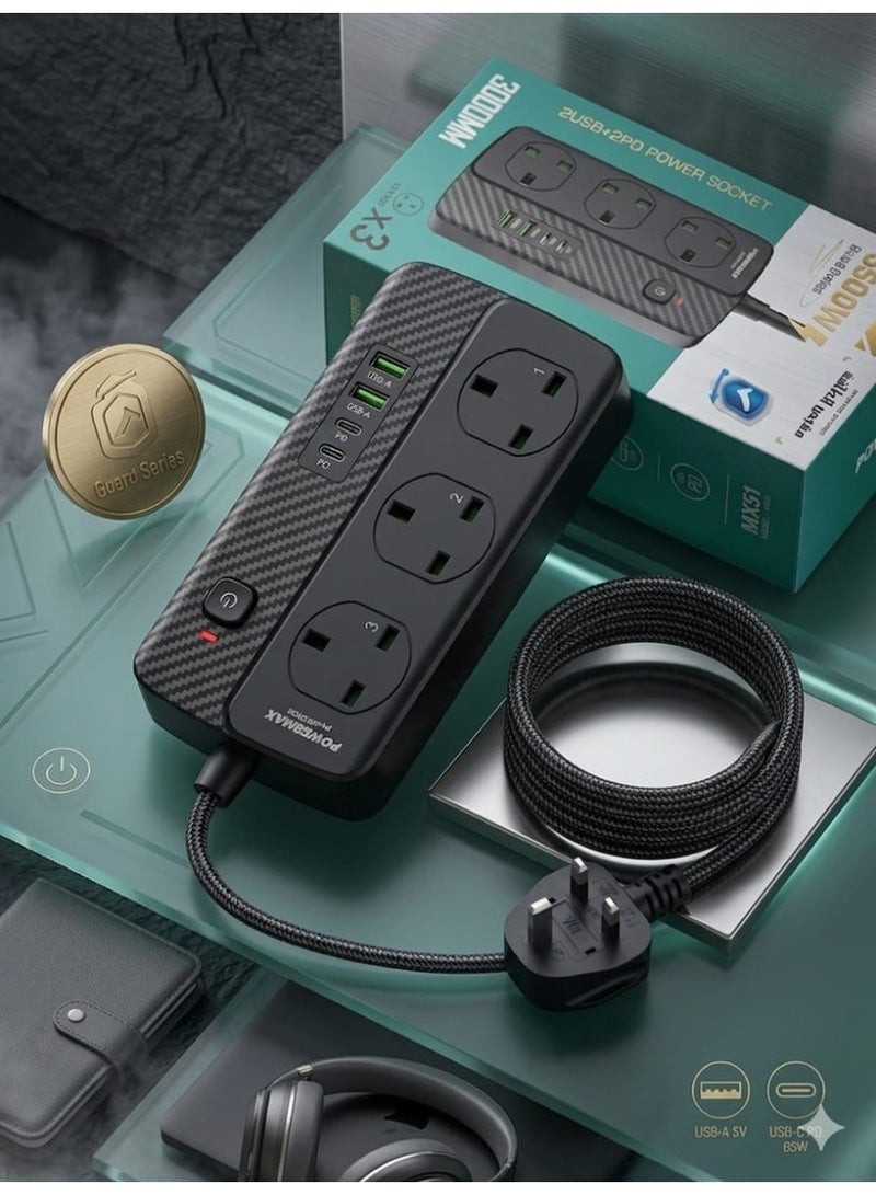 Multi-outlet power strip with USB charging ports and on/off switch - Image 1