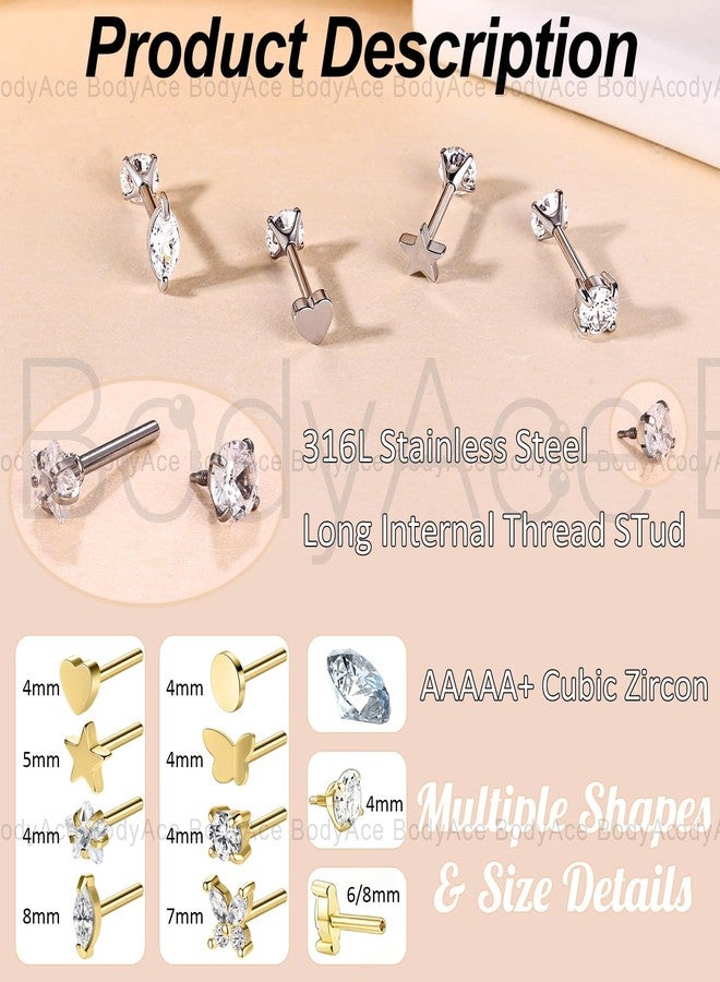 BodyAce 18g Reversible Earrings Studs Long Internal Thread Cartilage Earring Helix Stud Surgical Steel Conch Tragus Piercing Jewelry for Women Men [A;1.0mm=18G;Bar Length:8mm] - Image 2