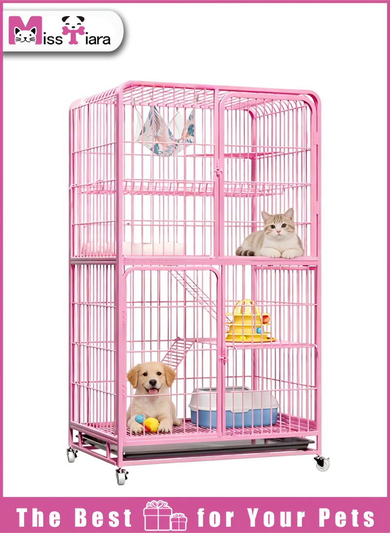 MissTiara Large Multi-Level Indoor Cat Cage Villa, Heavy-Duty Reinforced Metal Cat Enclosure with Platforms, Swing Area, Pull-Out Tray and Lockable Wheels, Rust-Proof Stable Design 85*60*151cm - Image 1
