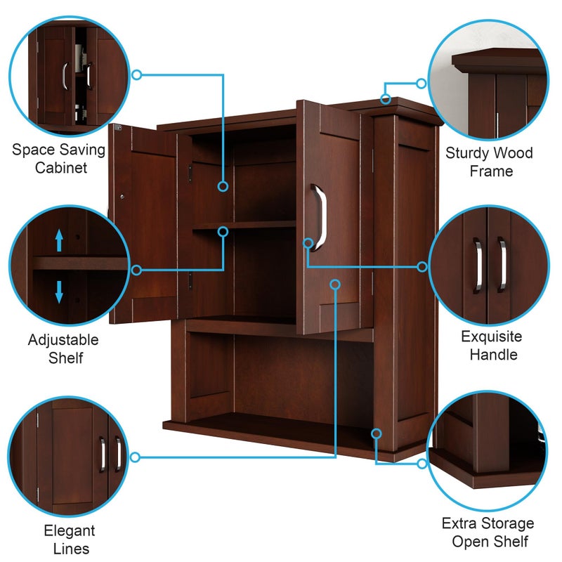 ChooChoo Wood Wall Cabinet with Doors, Medicine Cabinet with Adjustable Shelves Over The Toilet, Rustic Cabinet Wall Mounted for Bathroom, Kitchen, Living Room, Dark Cherry - Image 3