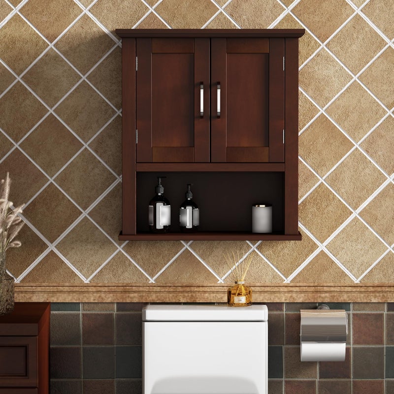 ChooChoo Wood Wall Cabinet with Doors, Medicine Cabinet with Adjustable Shelves Over The Toilet, Rustic Cabinet Wall Mounted for Bathroom, Kitchen, Living Room, Dark Cherry - Image 2