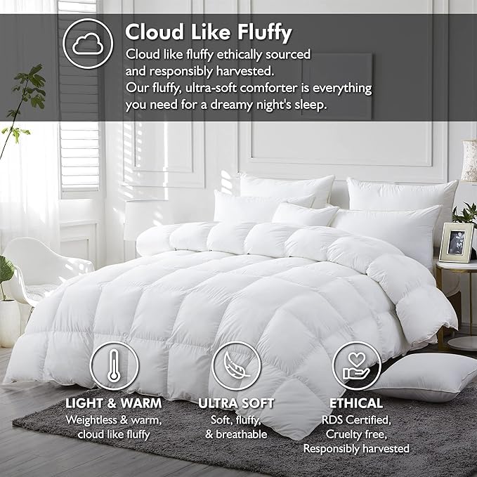 Egyptian Cotton Factory Store Luxurious White Solid Medium Weight, Oversized Queen Size Goose Feathers Down Comforter for All-Season Weather Duvet Insert, Premium Baffle Box, 100% Egyptian Cotton Cover, 65 oz. Fill Weight - Image 2