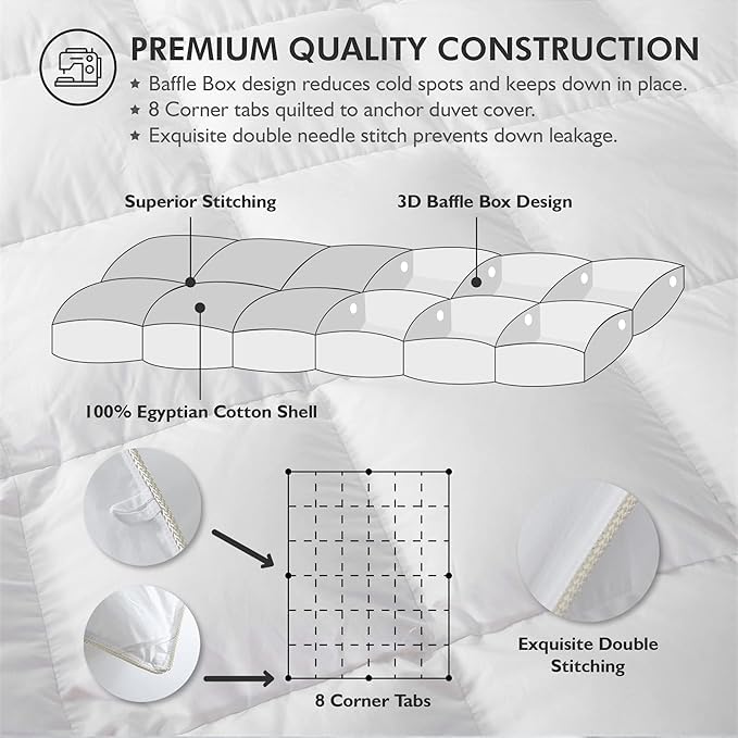 Egyptian Cotton Factory Store Luxurious White Solid Medium Weight, Oversized Queen Size Goose Feathers Down Comforter for All-Season Weather Duvet Insert, Premium Baffle Box, 100% Egyptian Cotton Cover, 65 oz. Fill Weight - Image 3