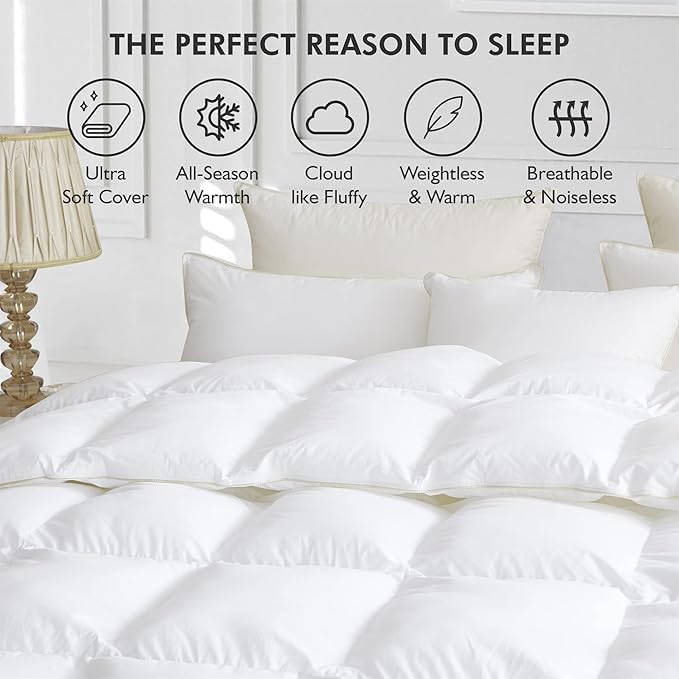 Egyptian Cotton Factory Store Luxurious White Solid Medium Weight, Oversized Queen Size Goose Feathers Down Comforter for All-Season Weather Duvet Insert, Premium Baffle Box, 100% Egyptian Cotton Cover, 65 oz. Fill Weight - Image 4