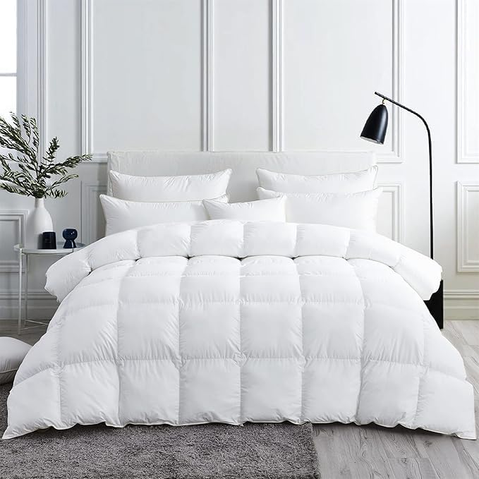 Egyptian Cotton Factory Store Luxurious White Solid Medium Weight, Oversized Queen Size Goose Feathers Down Comforter for All-Season Weather Duvet Insert, Premium Baffle Box, 100% Egyptian Cotton Cover, 65 oz. Fill Weight - Image 1