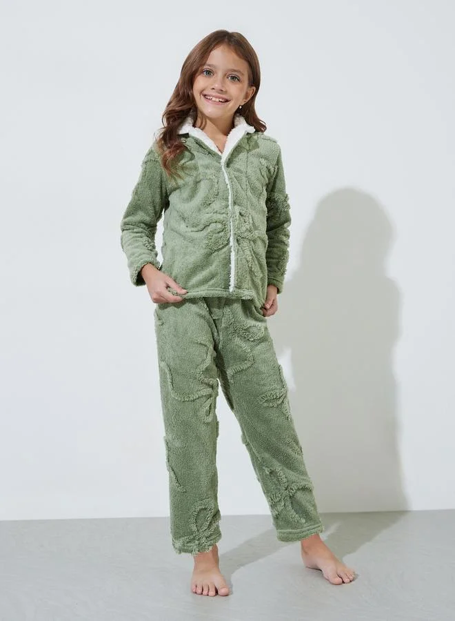 Styli Girls Green Faux Fur Long Sleeves Collared Top and Pants Pyjama Set