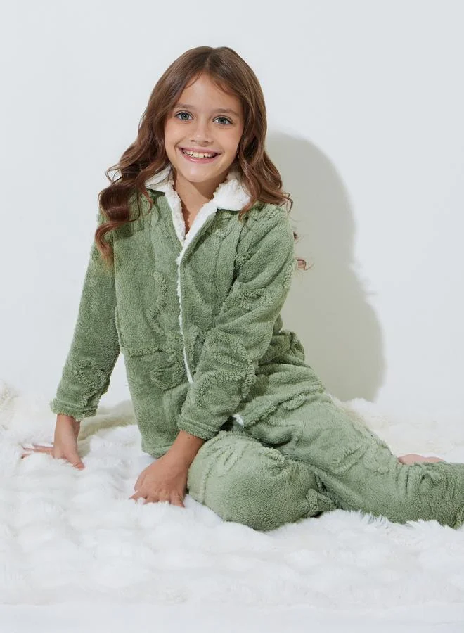 Styli Girls Green Faux Fur Long Sleeves Collared Top and Pants Pyjama Set