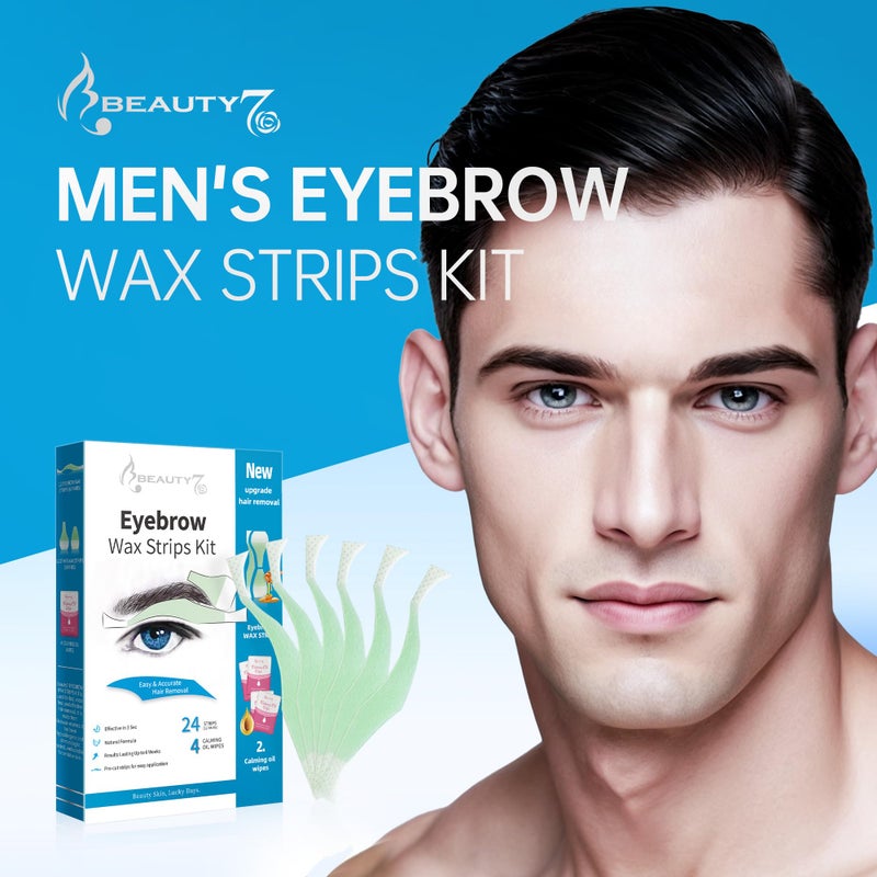Beauty7 Men's Eyebrow Wax Kit - 24 Waxing Strips + 4 Soothing Oil Wipes for Hair Removal & Eyebrow Shaping - Image 3