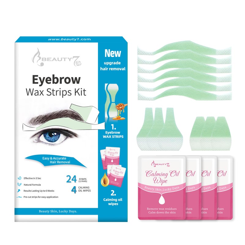 Beauty7 Men's Eyebrow Wax Kit - 24 Waxing Strips + 4 Soothing Oil Wipes for Hair Removal & Eyebrow Shaping - Image 1