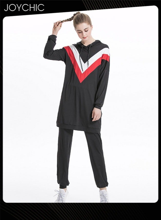 Joychic New Style Autumn and Winter Casual Muslim Women Long Sleeved Color-Blocked Hooded Sweatshirt Set - Image 1