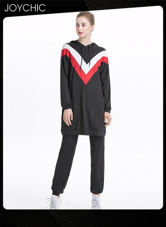 Joychic New Style Autumn and Winter Casual Muslim Women Long Sleeved Color-Blocked Hooded Sweatshirt Set - Image 2