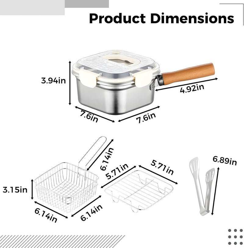 5 Pcs Fryer Set, Stainless Steel Portable Outdoor Cooking Pot, Multi-Functional, Frying Basket, Steaming Rack, White Lid, Food Clip, 7.6 X 7.6 X 3.9 in - Image 4