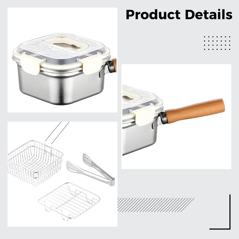 5 Pcs Fryer Set, Stainless Steel Portable Outdoor Cooking Pot, Multi-Functional, Frying Basket, Steaming Rack, White Lid, Food Clip, 7.6 X 7.6 X 3.9 in - Image 3