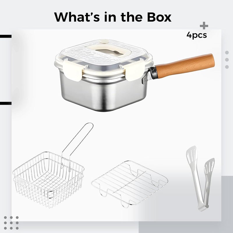 5 Pcs Fryer Set, Stainless Steel Portable Outdoor Cooking Pot, Multi-Functional, Frying Basket, Steaming Rack, White Lid, Food Clip, 7.6 X 7.6 X 3.9 in - Image 5