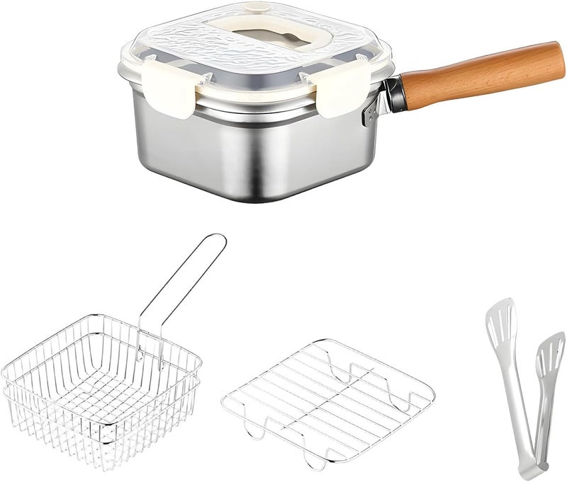5 Pcs Fryer Set, Stainless Steel Portable Outdoor Cooking Pot, Multi-Functional, Frying Basket, Steaming Rack, White Lid, Food Clip, 7.6 X 7.6 X 3.9 in - Image 1