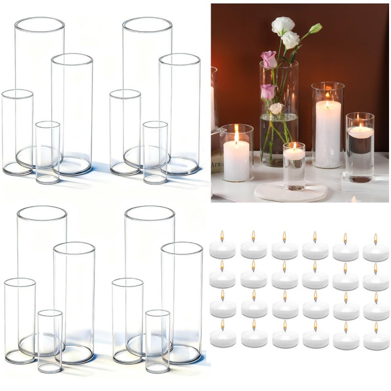 UDU Set of 16 Cylinder Glass Vases and 24 Pcs Floating Candles for Centerpiece, 4,6,8,10 Inch Tall Clear Hurricane Candle Holder Glass Vases for Centerpiece Table Wedding Home Decor - Image 1