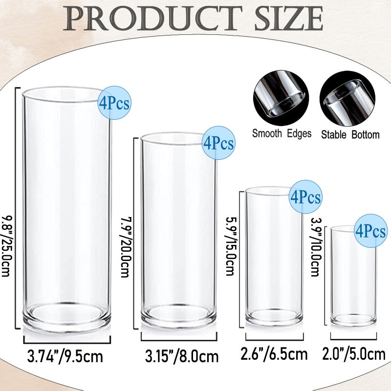 UDU Set of 16 Cylinder Glass Vases and 24 Pcs Floating Candles for Centerpiece, 4,6,8,10 Inch Tall Clear Hurricane Candle Holder Glass Vases for Centerpiece Table Wedding Home Decor - Image 2