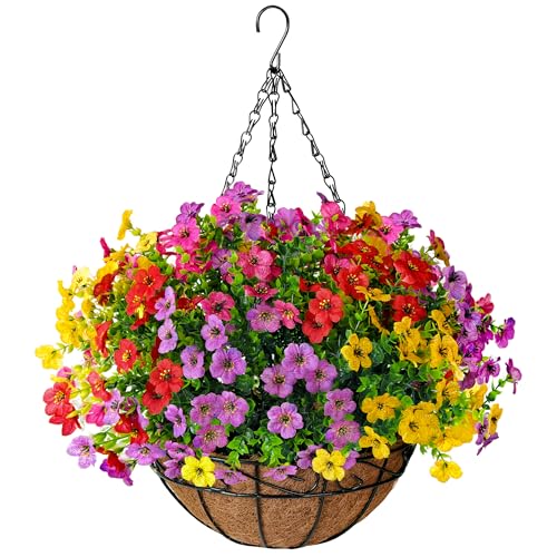 TDHDIKE Artificial Faux Fake Hanging Flowers Plants Basket for Summer Outdoor Outside Decoration UV Resistant Fake Silk Colorful Daisy Eucalyptus for Porch Patio Balcony Yard Garden Home Decor - Image 1