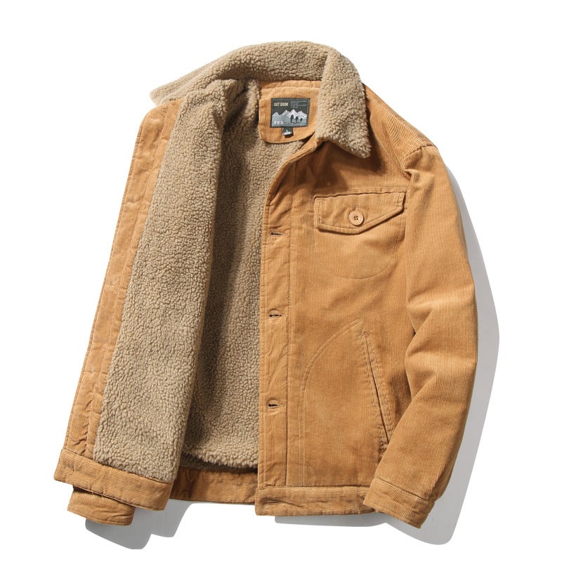 Cross-border Winter Clothing Short fleece-lined Cotton-padded Coat Corduroy Work Clothes Casual Cotton-padded Clothes Casual fleece-lined Thickened Jacket for Men Trendy Men Khaki  - Image 1