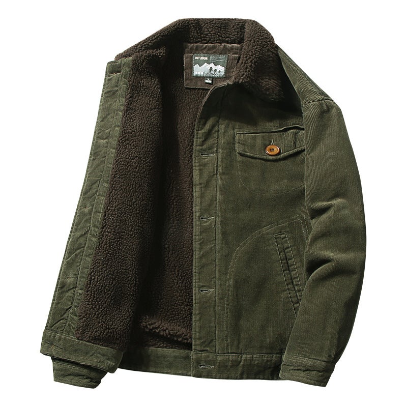 Cross-border Winter Clothing Short fleece-lined Cotton-padded Coat Corduroy Work Clothes Casual Cotton-padded Clothes Casual fleece-lined Thickened Jacket for Men Trendy Men Khaki  - Image 3