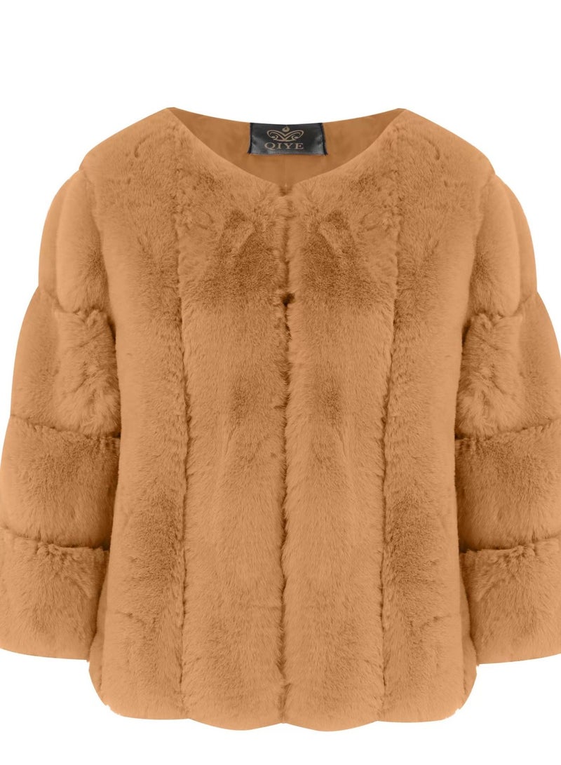 QIYE Autumn Winter Fashion New Faux Fur Short Round Neck Coat 