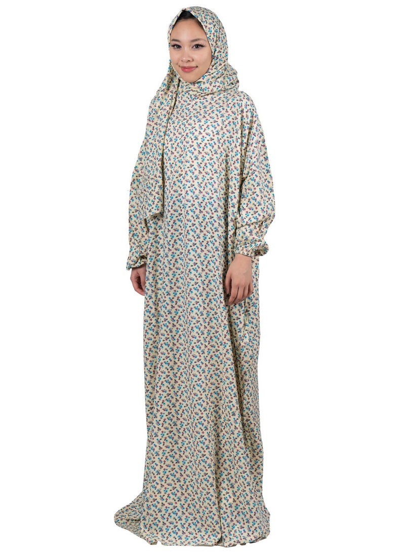 أبشر فستان صلاة بطبعة زهور، طول كامل مع شال، جلابية إسلامية من قطعة واحدة بأكمام طويلة، مقاس واحد