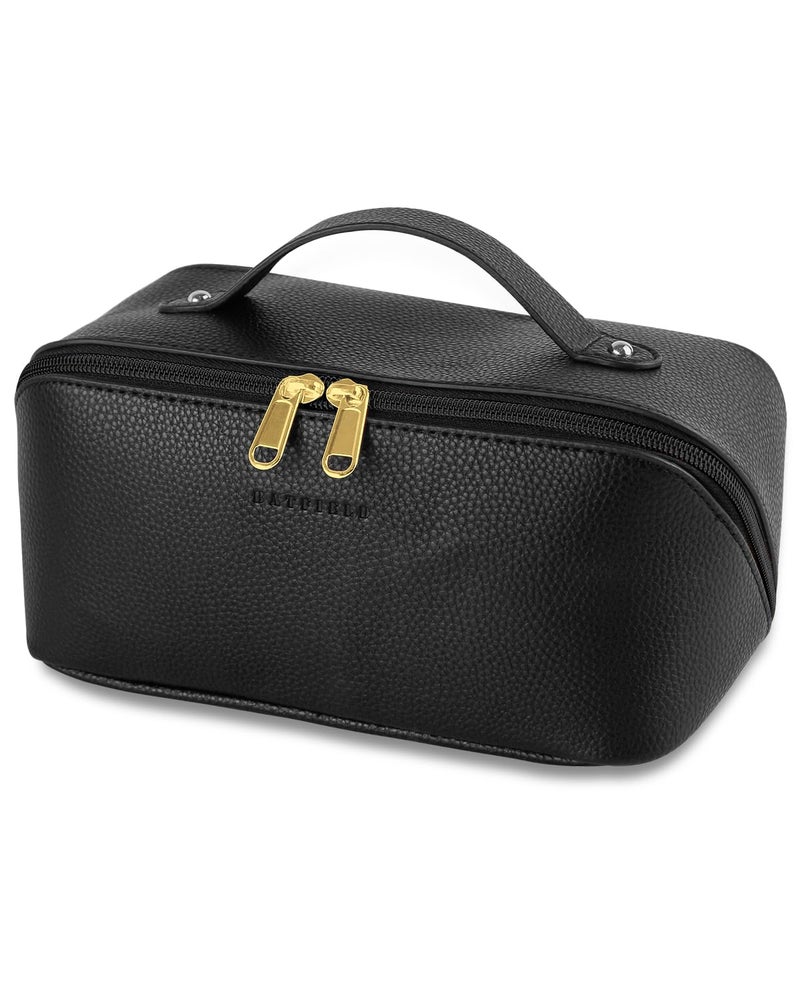 Batfield Cosmetic Bag For Women,Litchi Pu Leather Makeup Pouch For Women,Large Capacity Cosmetic Travel Bag,Portable Makeup Kit Storage Bag With Handle And Divider,Makeup Organizer Bag (Black),12 cm - Image 1