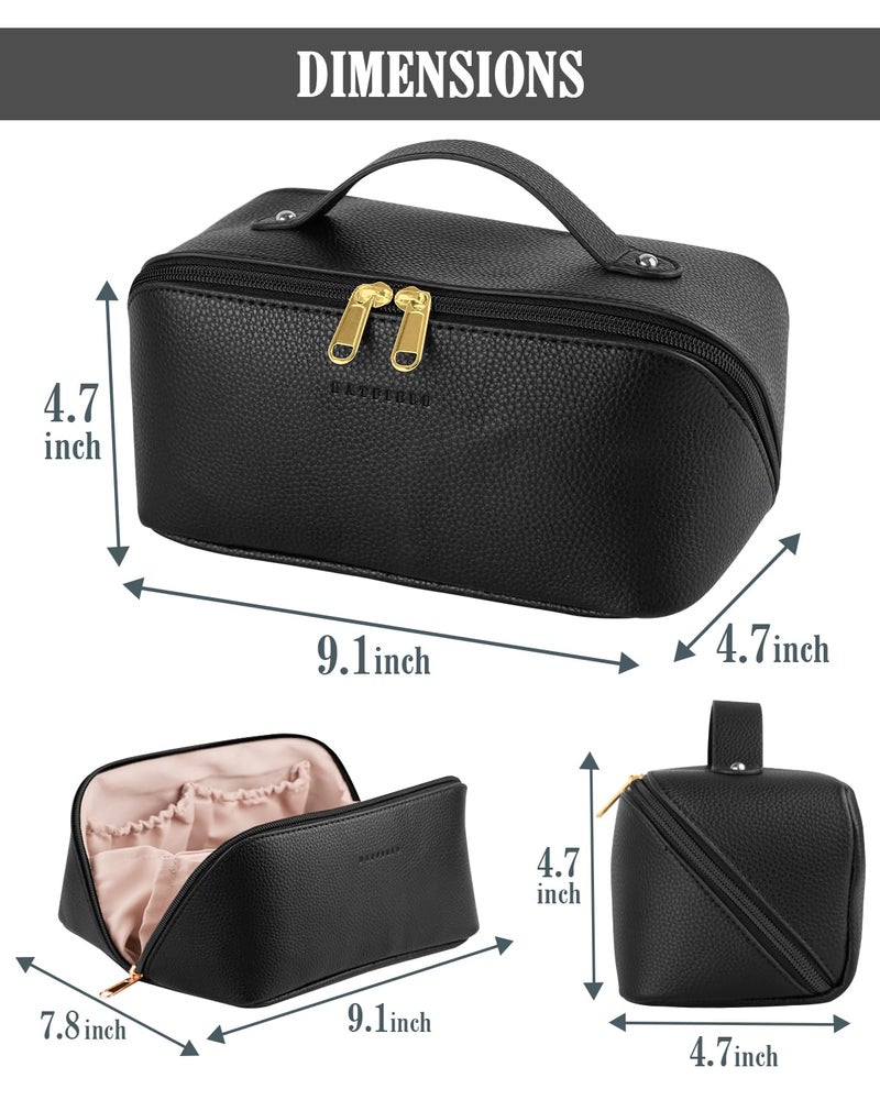 Batfield Cosmetic Bag For Women,Litchi Pu Leather Makeup Pouch For Women,Large Capacity Cosmetic Travel Bag,Portable Makeup Kit Storage Bag With Handle And Divider,Makeup Organizer Bag (Black),12 cm - Image 2
