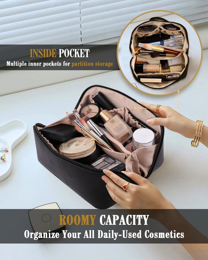 Batfield Cosmetic Bag For Women,Litchi Pu Leather Makeup Pouch For Women,Large Capacity Cosmetic Travel Bag,Portable Makeup Kit Storage Bag With Handle And Divider,Makeup Organizer Bag (Black),12 cm - Image 3