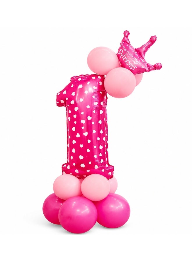 Pink Number 1 Birthday Balloon Combo Set, Princess Theme First Birthday Balloon Decoration with Foil Number Balloon, Crown Balloon and Latex Balloons - Image 1