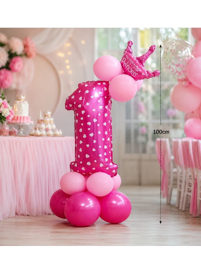 Pink Number 1 Birthday Balloon Combo Set, Princess Theme First Birthday Balloon Decoration with Foil Number Balloon, Crown Balloon and Latex Balloons - Image 2