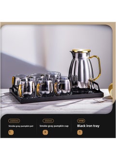 Generic High-looking Household Glass Cold Water Kettle, High Temperature Resistant Cool Boiled Water Cup, Creative Living Room Herbal Tea Ice Water Kettle, Large Capacity-Color:1600ML+[one Pot With Six Cups]+matte Black Iron Tray  - Image 1