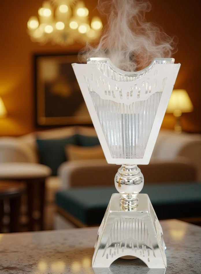 مبخرة بخور فضية فاخرة بتصميم عصري مع ألواح زجاجية وتفاصيل أنيقة لتعطير المنزل - Image 1