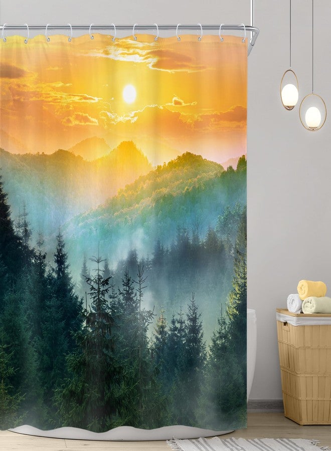 ريديكور ستارة حمام من رييديكور، بتصميم غابة جبلية، مقاس 60 بوصة عرض × 72 بوصة ارتفاع، لون أخضر ضبابي، أشجار صنوبر، شروق الشمس وغروبها، منظر طبيعي خلاب، ديكور حمام ريفي، مصنوعة من قماش البوليستر المقاوم للماء، مع 12 خطافًا. - Image 2